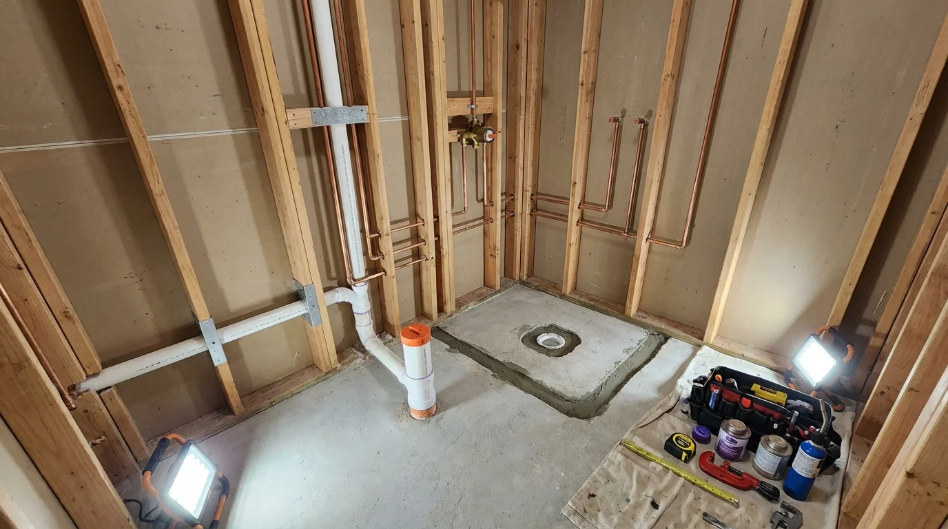 Bathroom rough-in plumbing during remodel by Johns Plumbing LLC in Waimea