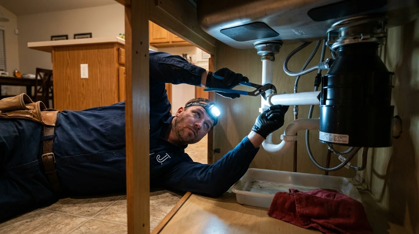 P-trap and supply line connections under a kitchen sink showing a common leak point in Waimea, HI